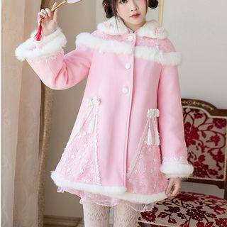Fleece Collar Lace Trim Button Coat