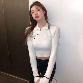 Collared Asymmetrical Button-up Knit Crop Top