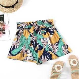 Tie-waist Leaf Print Wide Leg Shorts