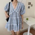 Puff Sleeve V-neck Lace Trim Floral Print Mini A-line Dress Sky Blue - One Size