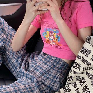 Short-sleeve Cartoon Print Cropped Top + Plaid Wide-leg Pants