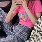 Short-sleeve Cartoon Print Cropped Top + Plaid Wide-leg Pants