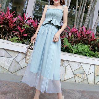 Set : Spaghetti Strap Top + Mesh Panel Maxi Skirt