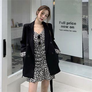 Spaghetti-strap Leopard Print Mini A-line Dress / Double-breasted Blazer