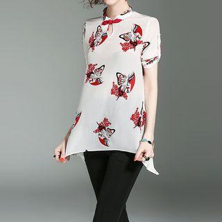 Butterfly Print Short Sleeve Mandarin Collar Shirt