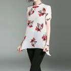 Butterfly Print Short Sleeve Mandarin Collar Shirt