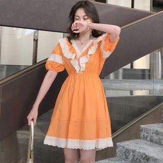 Lace Trim Puff-sleeve A-line Dress