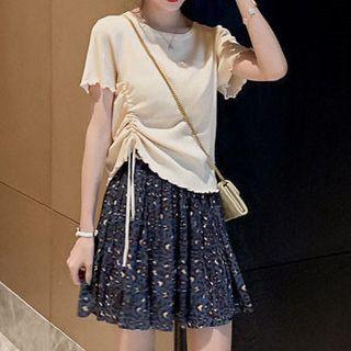 Set: Short-sleeve Lettuce Edge Top + Floral Print Mini A-line Skirt