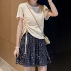 Set: Short-sleeve Lettuce Edge Top + Floral Print Mini A-line Skirt