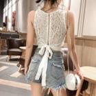Lace Panel Bow-back Knit Cropped Tank Top
