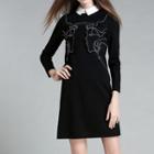 Embroidered Contrast Collared 3/4 Sleeve Dress