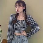 Flared-cuff Square Neck Gingham Cropped Blouse
