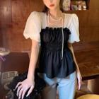 Puff-sleeve Dotted Panel Shirred Blouse Black & White - One Size