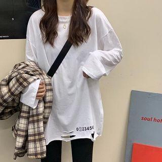 Long-sleeve Numbering Ripped T-shirt White - One Size