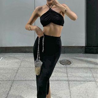 Set: Halter-neck Cropped Camisole Top + Midi Pencil Skirt