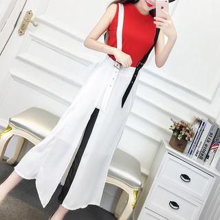 Set: Plain Tank Top + Suspender Midi Chiffon Skirt