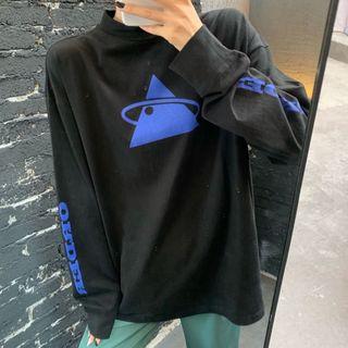 Printed Long-sleeve T-shirt / High Waist Straight-cut Pants