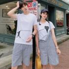 Couple Matching Short-sleeve Printed T-shirt / Striped Shorts / Dungaree Shorts
