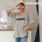 U-neck Letter-printed Slit-side T-shirt