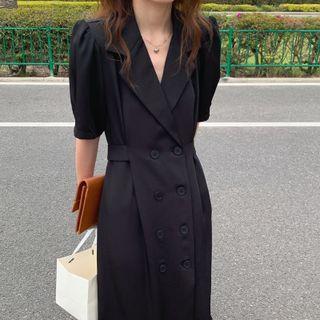 Short-sleeve Double-buttoned Lapel Collar Shift Dress