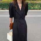 Short-sleeve Double-buttoned Lapel Collar Shift Dress