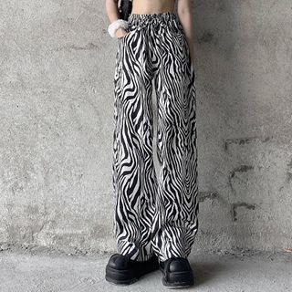 Zebra Print Wide Leg Pants Black - One Size