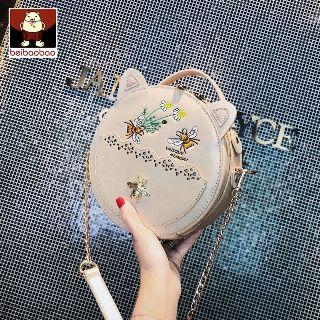 Faux-leather Embroidered Round Satchel