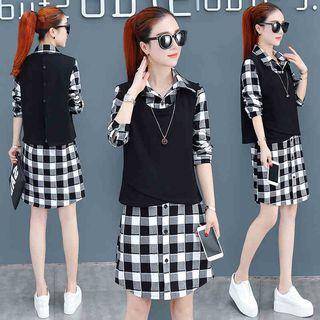 Set: Plain Vest + Check Shirt Dress