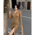 Collared Knit Midi Bodycon Dress Brown - One Size