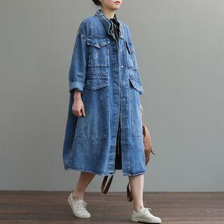Flap-pocket Denim Long Jacket