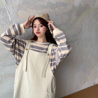 Striped Loose-fit Sweatshirt / Plain Overall Dress