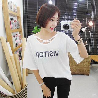 Strappy-neck Lettering T-shirt White - One Size