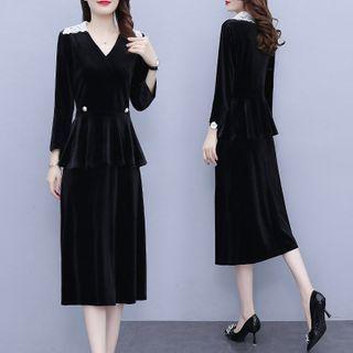 Long-sleeve Velvet Peplum Midi Dress