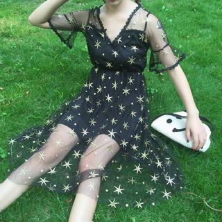 Printed Short-sleeve Mesh A-line Dress