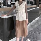 Set: Plain Long-sleeve T-shirt + Tie-waist Vest + Midi Accordion-pleat Skirt