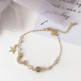 Rhinestone Moonstone Moon Bracelet Gray & Gold - One Size