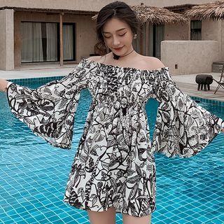Long-sleeve Off-shoulder Print Mini Dress