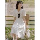 Short-sleeve Wide Collar Bow Midi A-line Dress