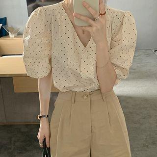 Short-sleeve Dotted Blouse Black Dots - Almond - One Size