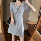 Puff-sleeve Square-neck Plain Shirred Dress