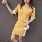 Set: Two-tone V-neck Short-sleeve Knit Top + Mini Skirt