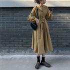 Plain Tie-waist Midi A-line Dress Yellow Brown - One Size
