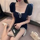 Lace Trim Square-neck Short-sleeve Slit Mini Bodycon Dress