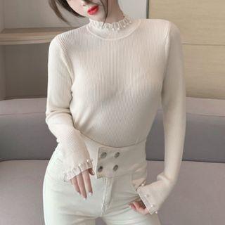 Faux Pearl Mock-neck Knit Top