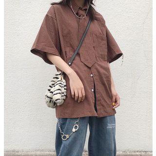 Set: Elbow-sleeve Plaid Shirt + Tie