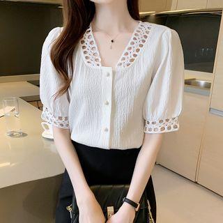 Short-sleeve Woven Trim Blouse