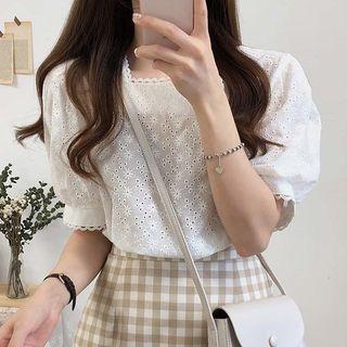 Puff-sleeve Square Neck Eyelet Lace Blouse