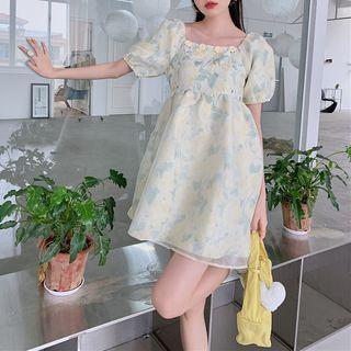 Short-sleeve Square Neck Print Mini A-line Dress