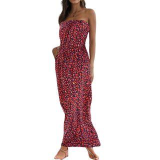 Printed Strapless Maxi A-line Dress