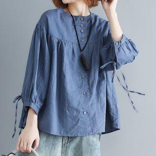 3/4-sleeve Bow-accent Shirt Blue - One Size